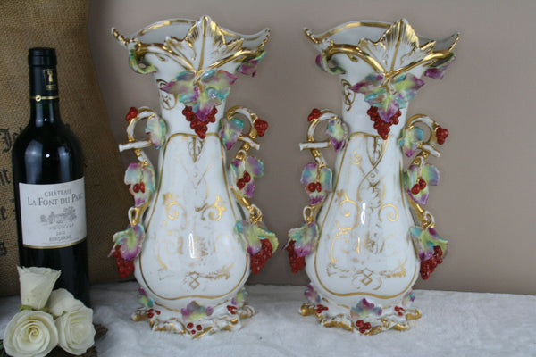 Antique 19thC PAIR vieux paris porcelain floral decor Vases