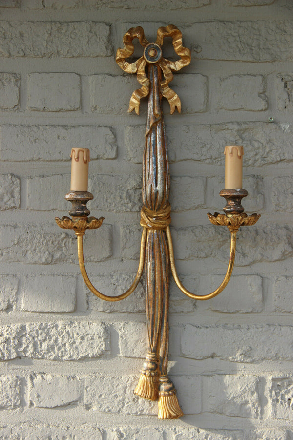 huge pair italian Maison chelini Wood Carved Louis XVI wall sconces lights 1970