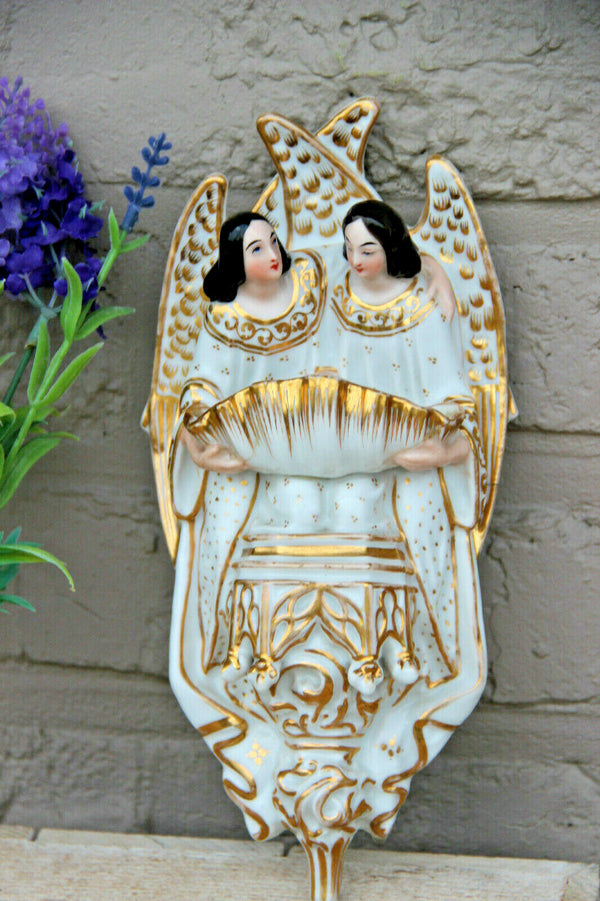 Antique vieux paris porcelain Angels Holy water font 19thc french religious