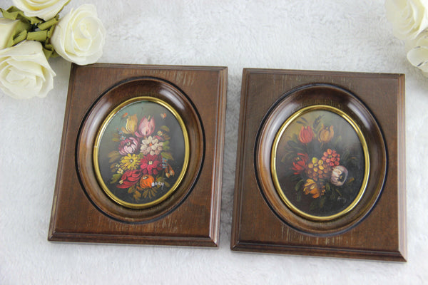 PAIR French Floral painting miniature portraits oval medaillon still live 1960'