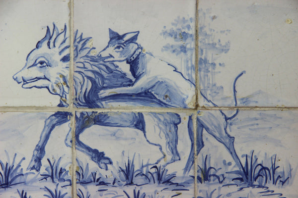 Antique Portugese Ceramic tiles serving tray plate  hunting dog catching boar