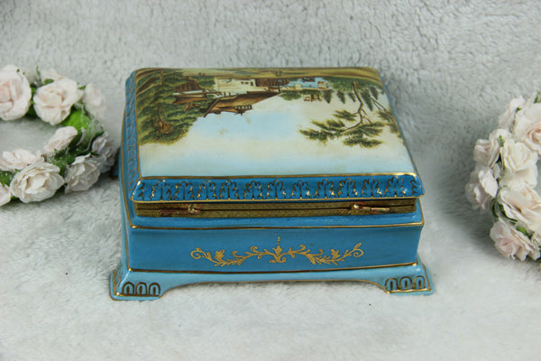 French Blue lidded Box landscape in sevres porcelain