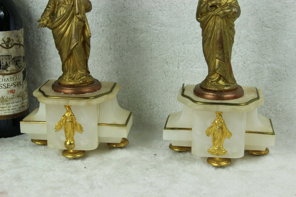 Antique French PAIR spelter madonna joseph Candelabras onyx marble saint