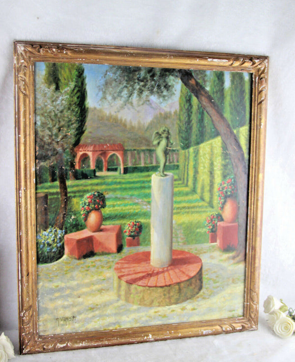 Georges Emile Viardot (1888-1965) oil hardboard painting angel putti in garden