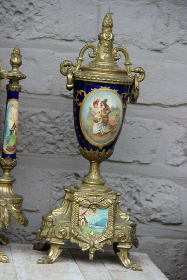 French Porcelain Clock set urns vases victorian romantic scenes