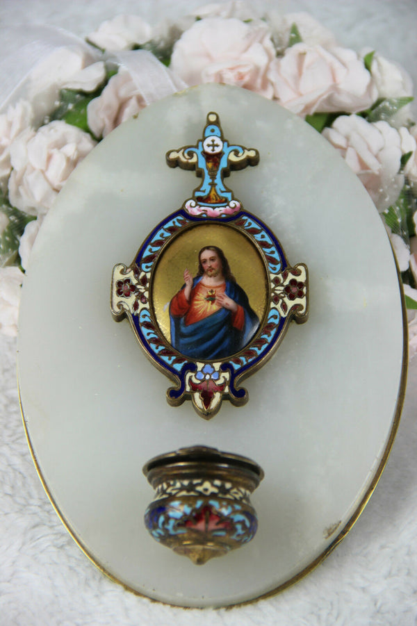 Antique 1900 Religious holy water font cloisonne enamel portrait porcelain