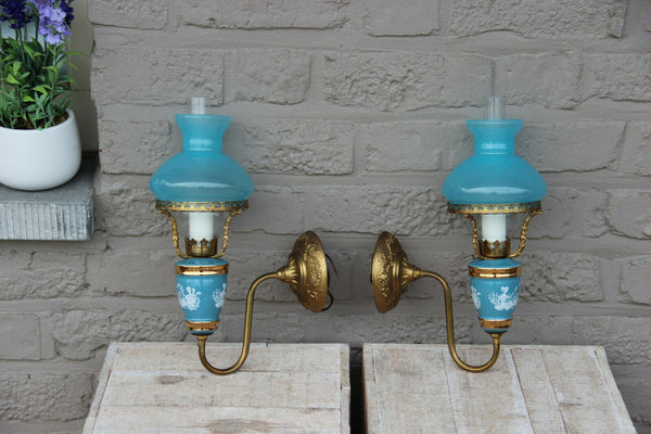 PAIR French vintage opaline Blue glass  turquoise Wall lights sconces romantic