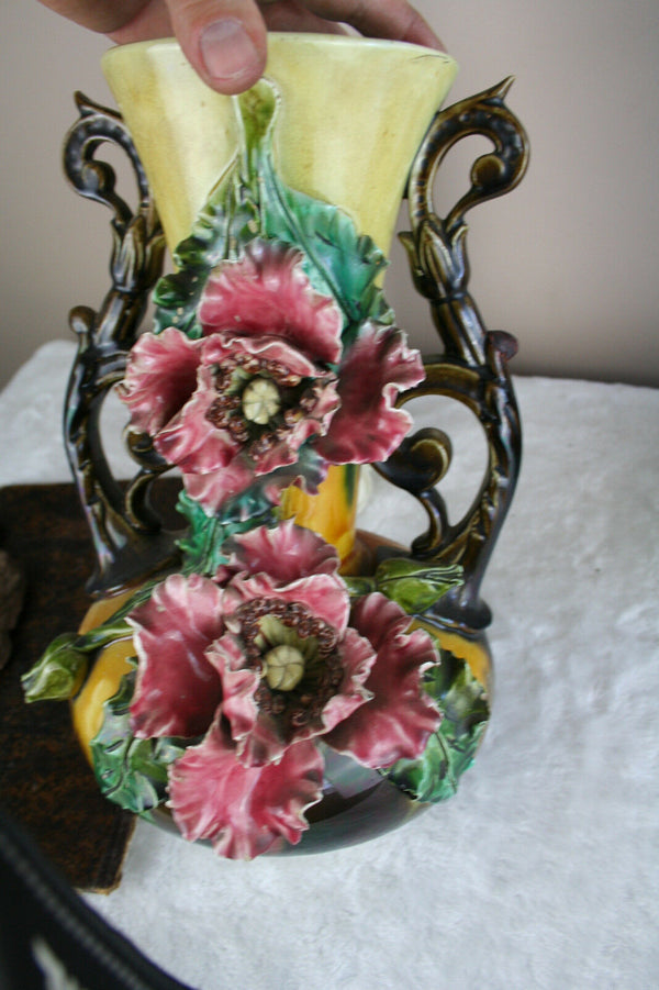 PAIR Art nouveau barbotine majolica floral decor Vases 1900 French