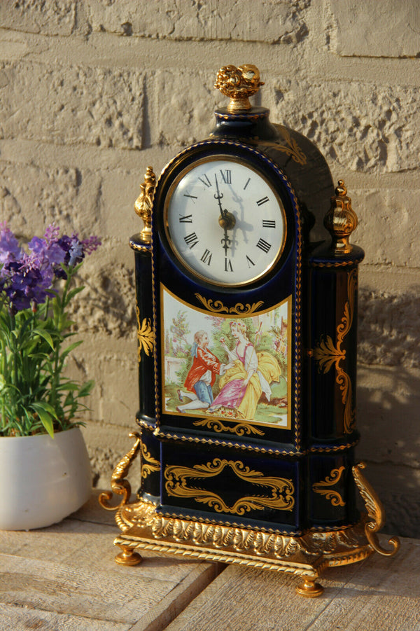 French vintage cobalt blue limoges porcelain mantel clock Victorian scene