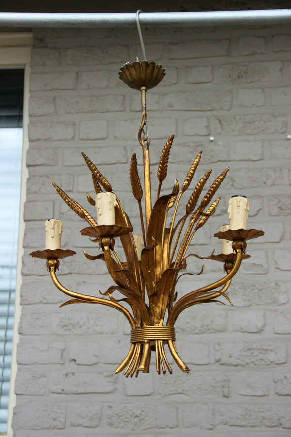 Hollywood regency MEtal gold gilt maison jansen wheat sheaf chandelier 1970