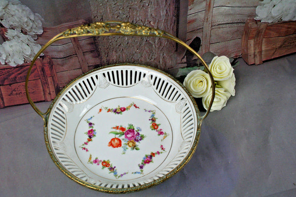 VTG Floral French  Porcelain Center bowl coupe  brass floral deco