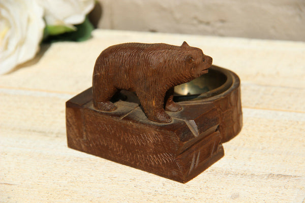 Antique hand Black forest wood carved swiss bear statue ashtray interlaken