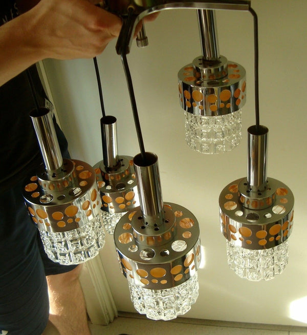 Retro 1970 Mid century Metal chrome Raak chandelier pendant orange colour