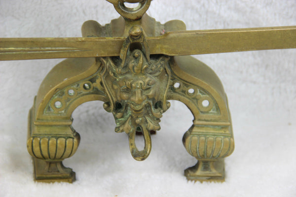 Bronze antique Fireplace andiron mantel set fleur de lys Caryatid satyr devil
