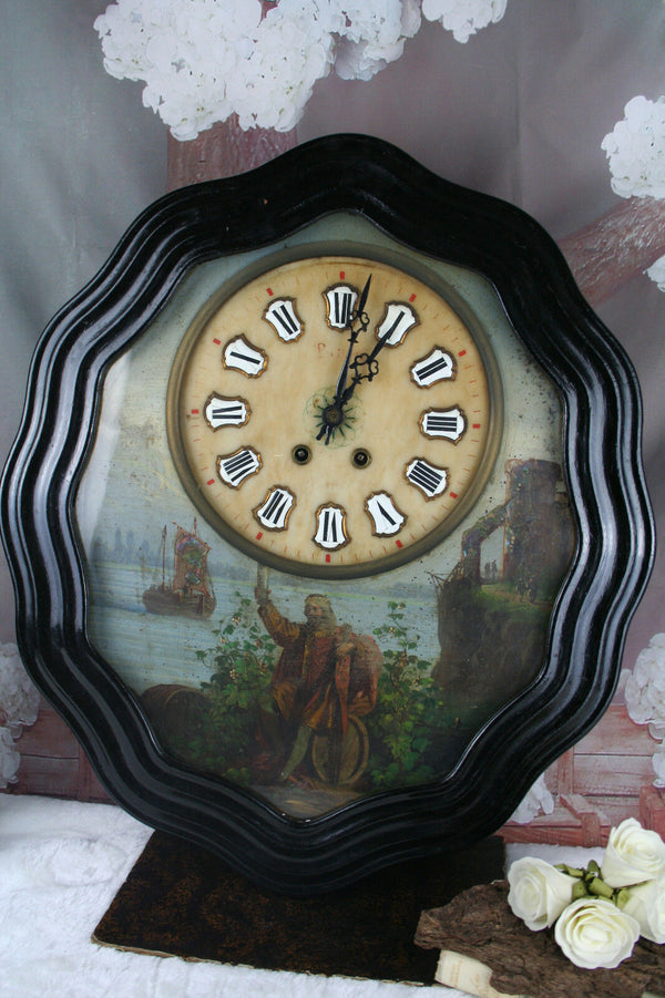 French ' Oeil de boeuf' wall clock 1880 oil on copper marine painting rare