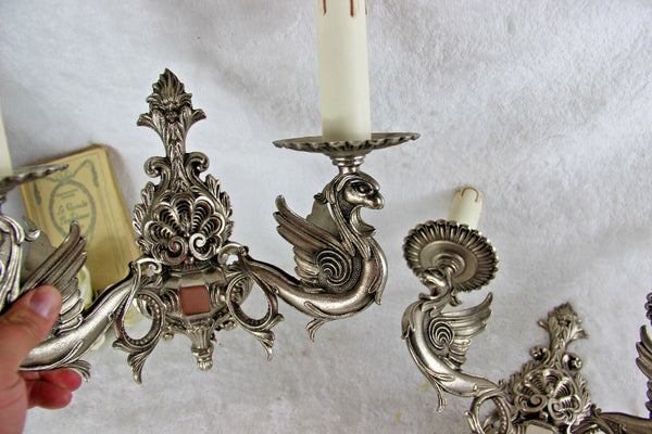 PAIR French gothic castle Dragon Chimaera Wall lights sconces silver patina