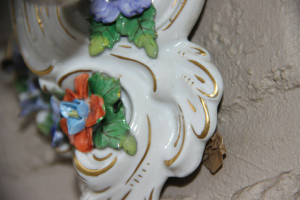 PAIR antique German Dresden porcelain marked majolica flowers wall sconces light