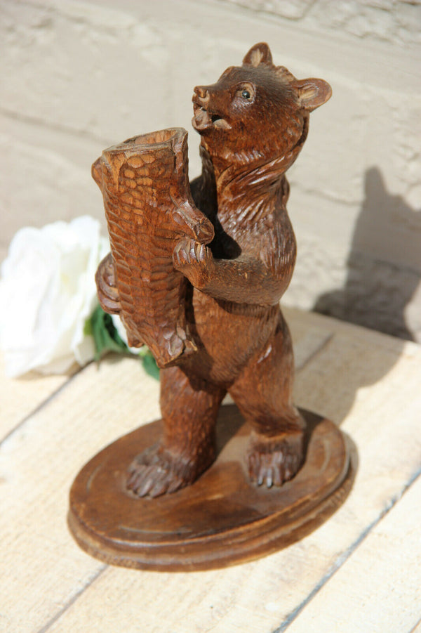 Antique hand Black forest wood carved swiss bear statue candle holder