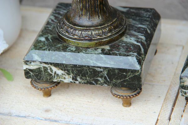 PAIR antique spelter bronze putti angel romantic Marble base Vases urn