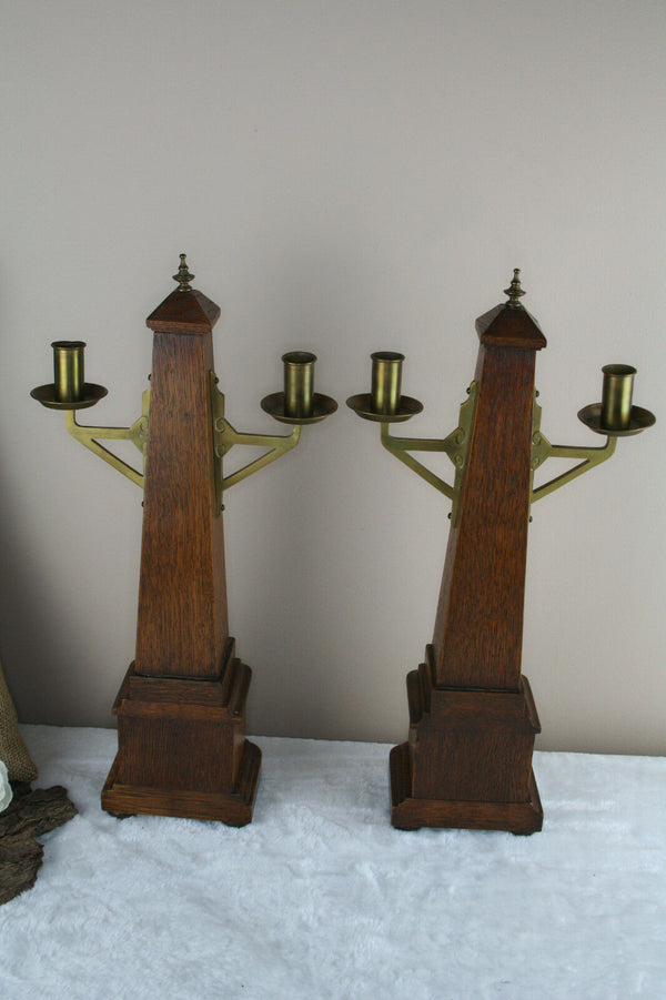 PAIR art nouveau french Religious  Wood brass Candle holders 1935 Rare