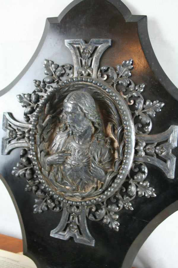 French XL Antique Holy water font spelter Jesus christ French 19th c wood plaque