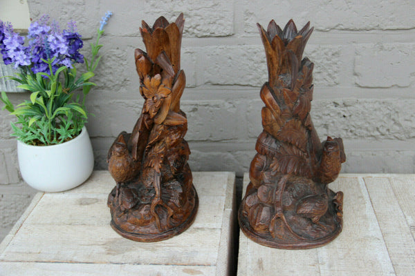 PAIR antique Black forest wood carved partridge birds statue figurines