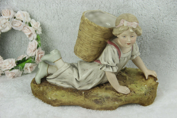 Royal DUX Czech marked porcelain figurine girl basket vase planter