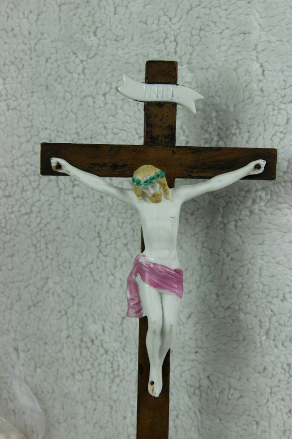 Antique Religious vieux paris  porcelain Crucifix Cross christ Angels mary