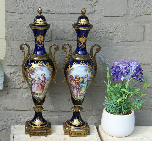 PAIR antique French Sevres porcelain Cobalt blue Vases romantic victorian scene
