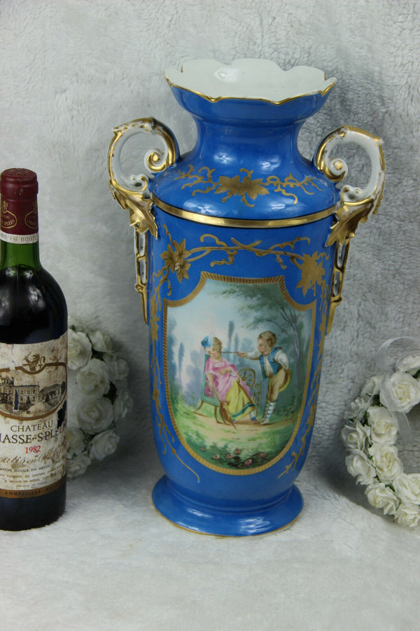 Antique French 19thc vase Vieux paris porcelain sevres blue colour romantic