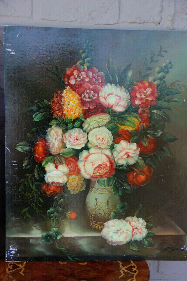 PAIR Flemish school vintage oil Maroufle panel painting floral flowers bouquet