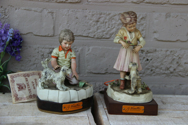 gianni visentin capodimonte marked pair figurine statue boy girl with dog marked