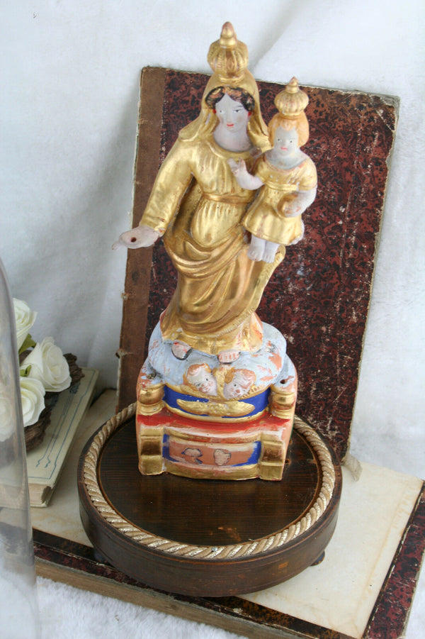French rare polychrome 19thc Religious terracotta madonna statue glass dome
