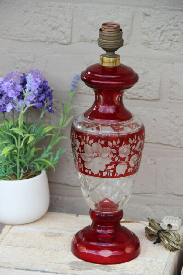 Vintage Bohemian czech Red Glass floral decor Vase lamp 1950