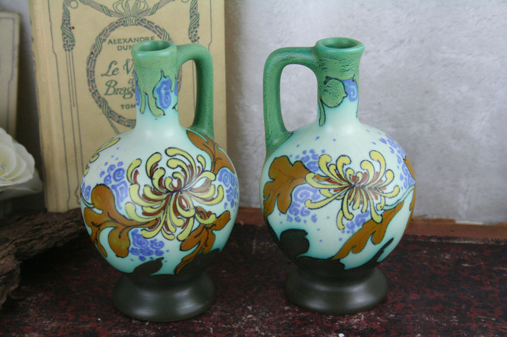 1920's Gouda Schoonhoven pottery Ceramic floral vases PAIR marked