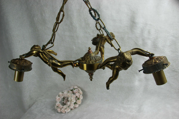 French Angel putti cherubs 3 arms chandelier pendant bronze 1960
