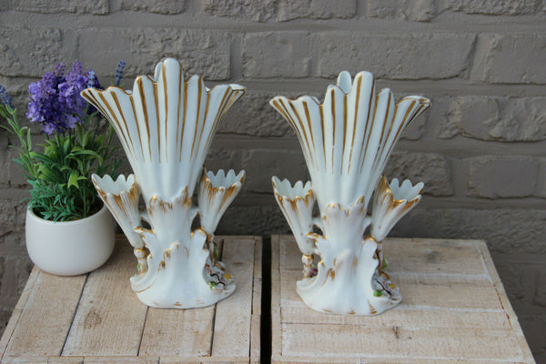 PAIR Antique vieux paris porcelain pique fleur cornet Vases relief flower decor