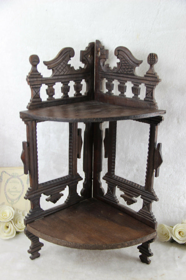 Rare German black forest style wood carved Rack console w photo frame 2 level