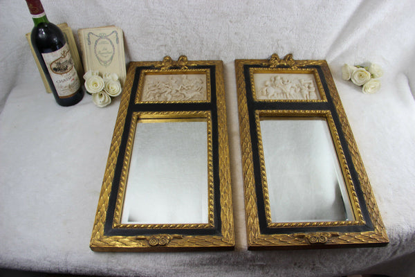 PAIR french vtg Wall mirror wood frame resin cast marble scenes knights 1960s