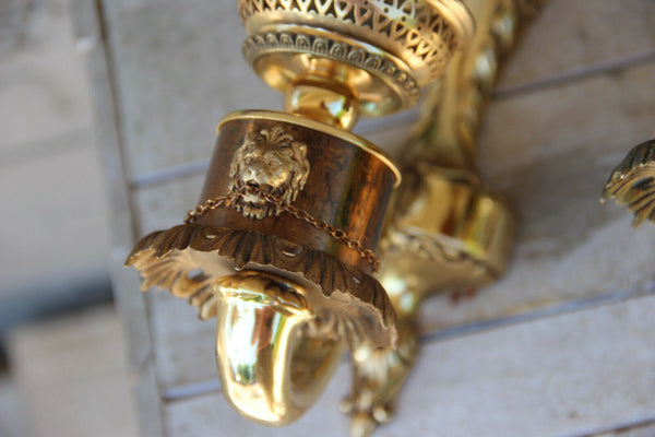 Set 3 French brass metal glass lion heads Wall lights sconces