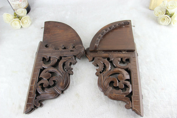 Antique pair German Black forest wood carved Dragon gothic wall consoles rare