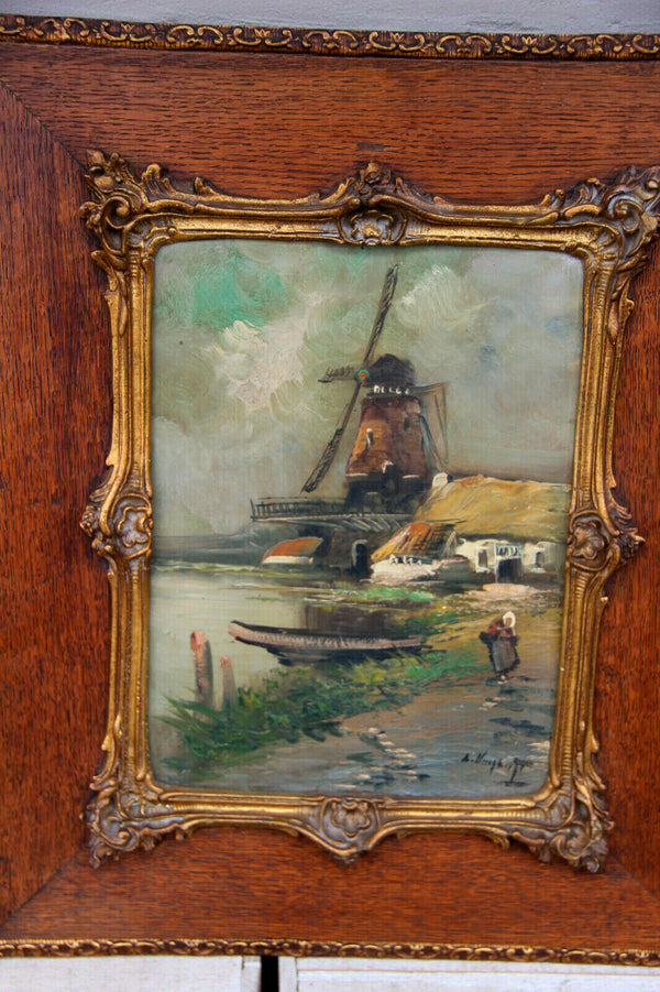 Gorgeous Antique Flemish oil panel painting Landscape mill waterfront signed