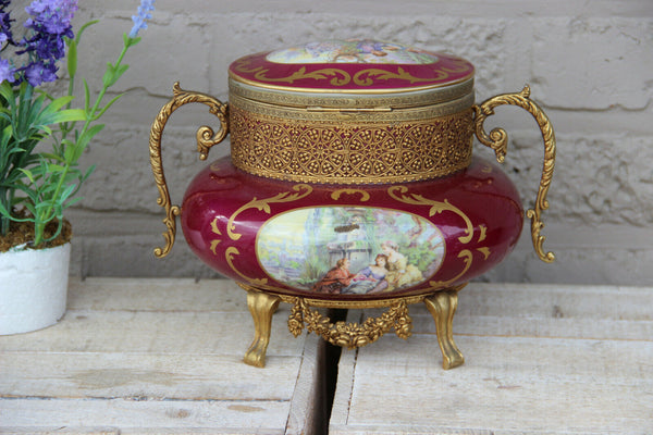 French Limoges burgundy Red victorian scene porcelain Box marked