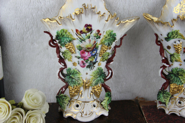 PAIR French vieux paris porcelain Vases Grape clusters floral decor 1920