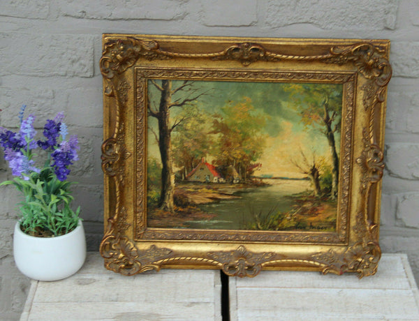 Vintage flemish oil panel painting signed 1970s house at waterfront