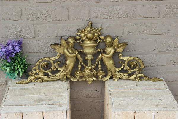 XL french chalkware Gold gilt pendiment fronton putti angels romantic Antique