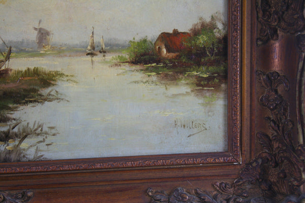 Holland Oil Canvas painting Dutch farm on the lake 1910 circa signed Willers
