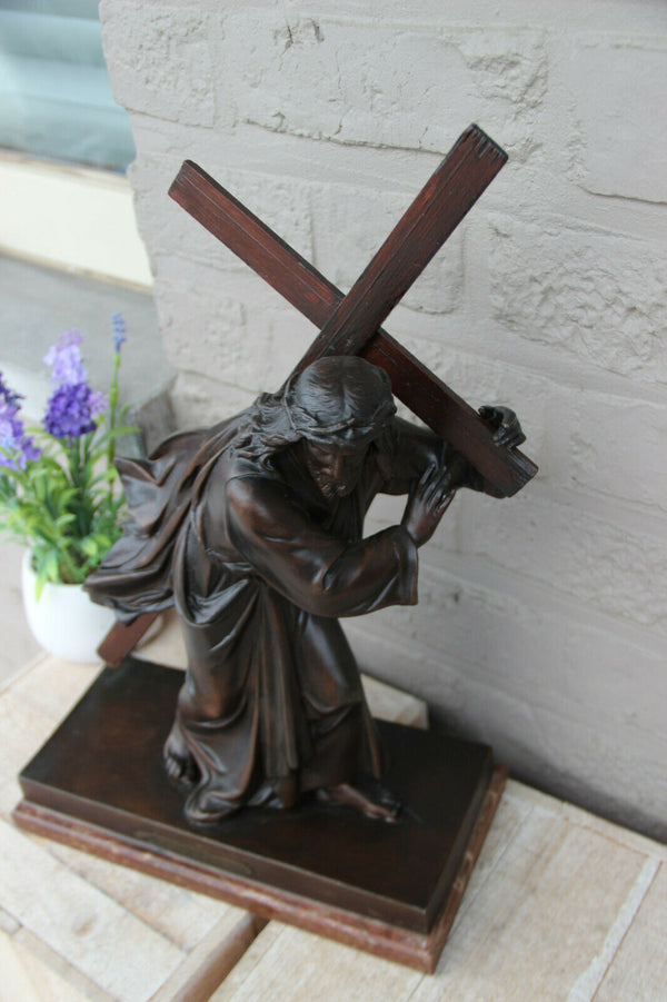 Antique French spelter bronze marble base Jesus christ cross statue marked