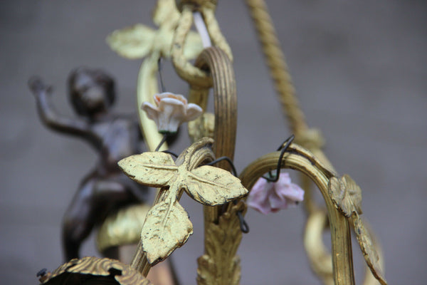 Gorgeous French Bronze putti angel porcelain flowers chandelier empire design