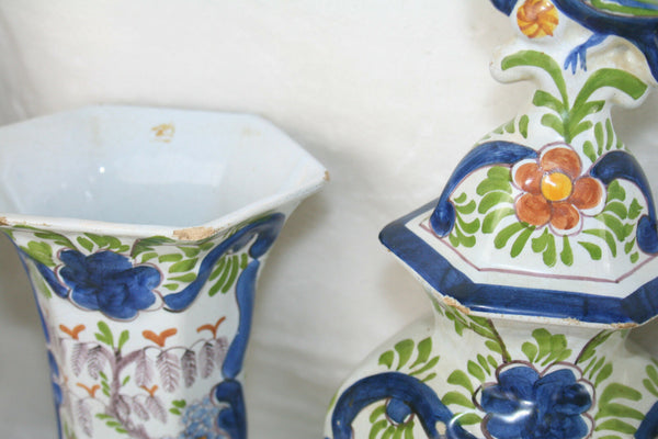 Antique 19thc  Set Delft pottery  Holland Polychrome Bird Vases set marked